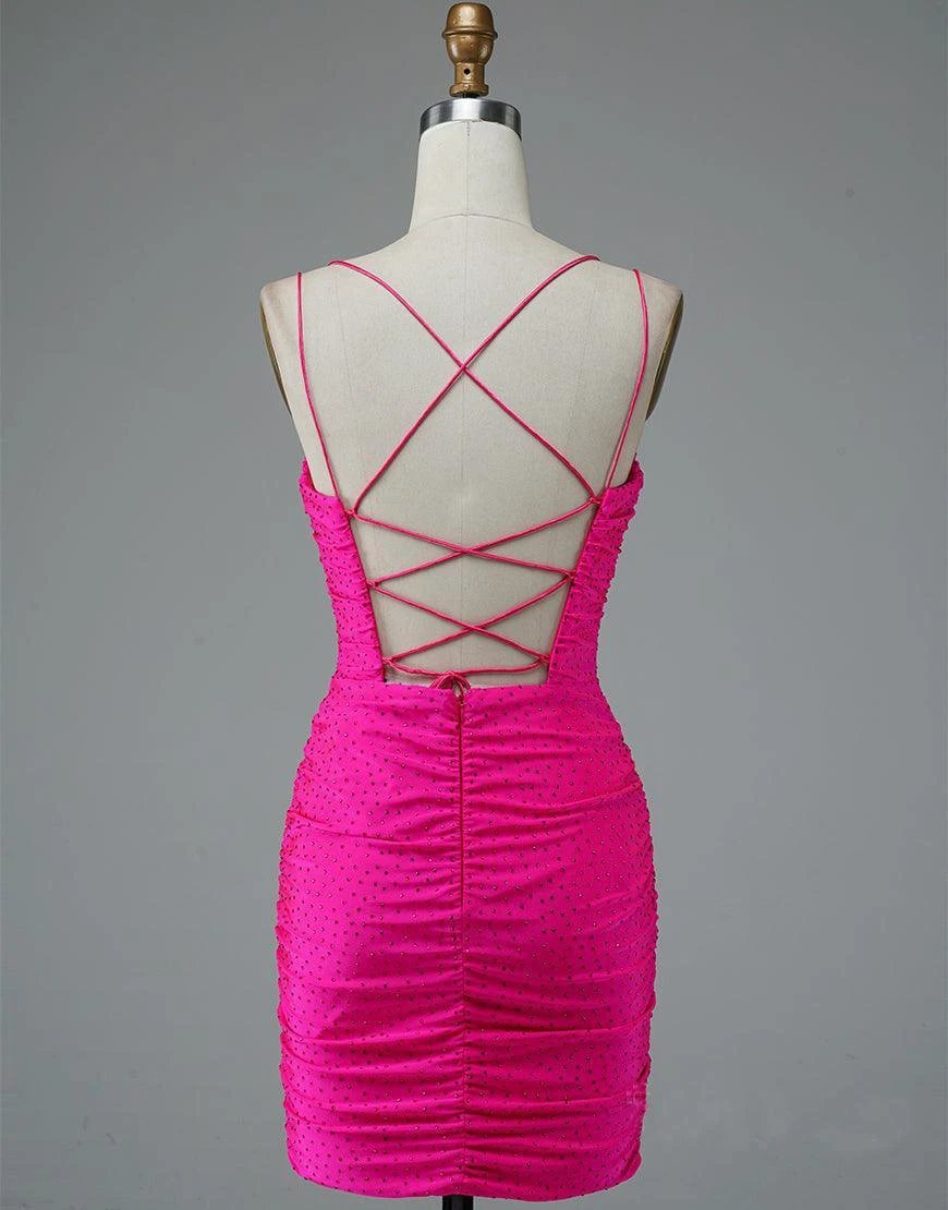 Lace Up Spaghetti Straps Short Homecoming Dress Hot Pink Party Dress PD437 by pgmdress