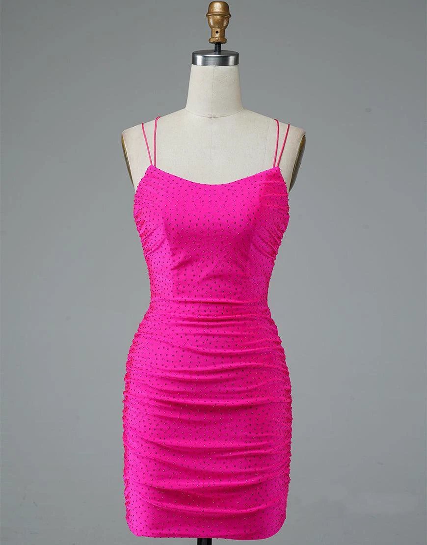 Lace Up Spaghetti Straps Short Homecoming Dress Hot Pink Party Dress PD437 by pgmdress