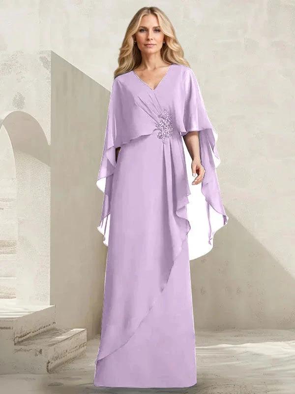 A-line V-Neck Floor-Length Chiffon Mother of the Bride Dress With Cascading Ruffles Beading by Dreamylily