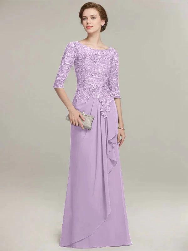 A-line Scoop Illusion Floor-Length Lace Chiffon Mother of the Bride Dress With Cascading Ruffles by Dreamylily
