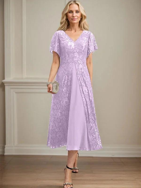 A-line V-Neck Tea-Length Lace Chiffon Mother of the Bride Dress by Dreamylily