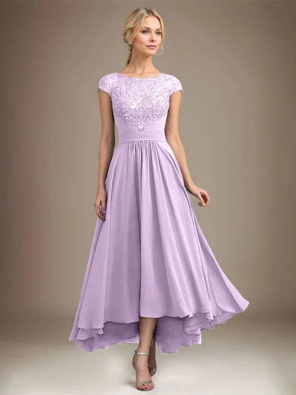 A-line Scoop Illusion Asymmetrical Lace Chiffon Mother of the Bride Dress With Pleated by Dreamylily