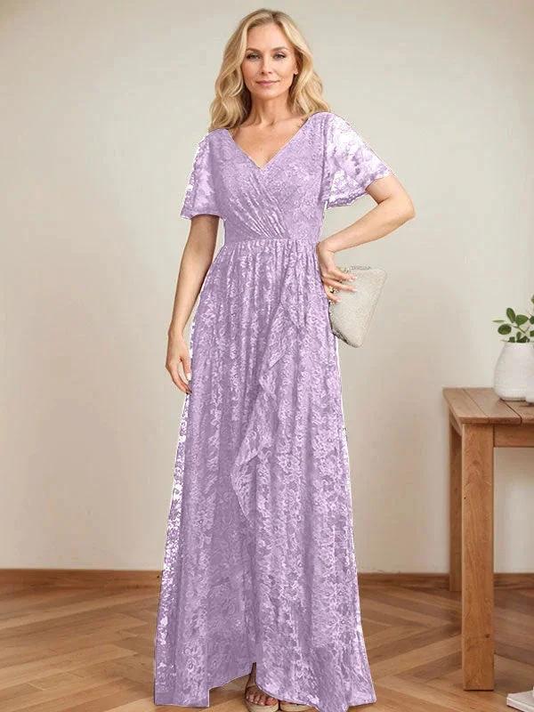 A-Line V-Neck Asymmetrical Lace Mother of the Bride Dress With Cascading Ruffles by Dreamylily