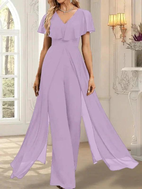 Jumpsuit/Pantsuit V-Neck Floor-Length Chiffon Evening Dress by Dreamylily
