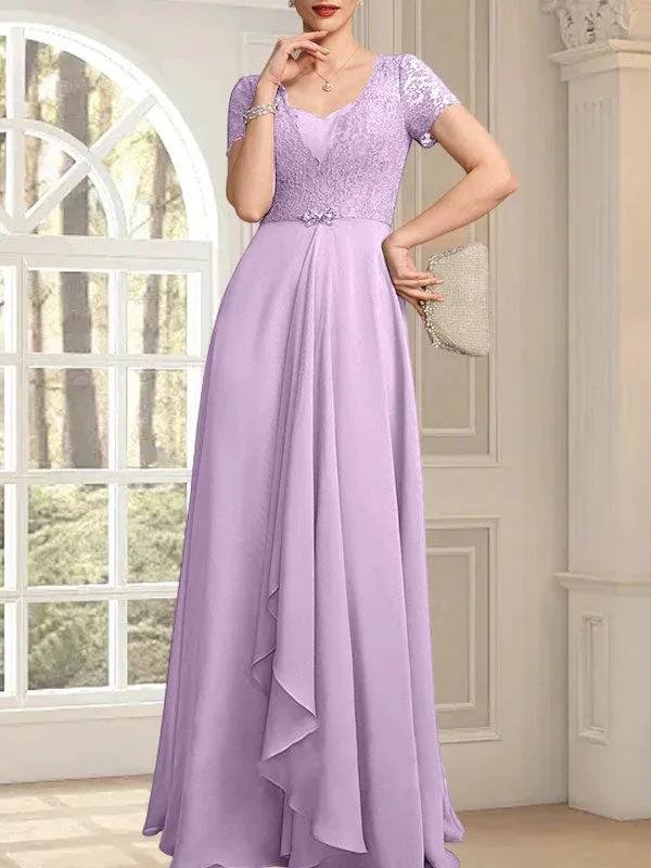 A-line Sweetheart Floor-Length Chiffon Lace Mother of the Bride Dress With Beading Cascading Ruffles by Dreamylily