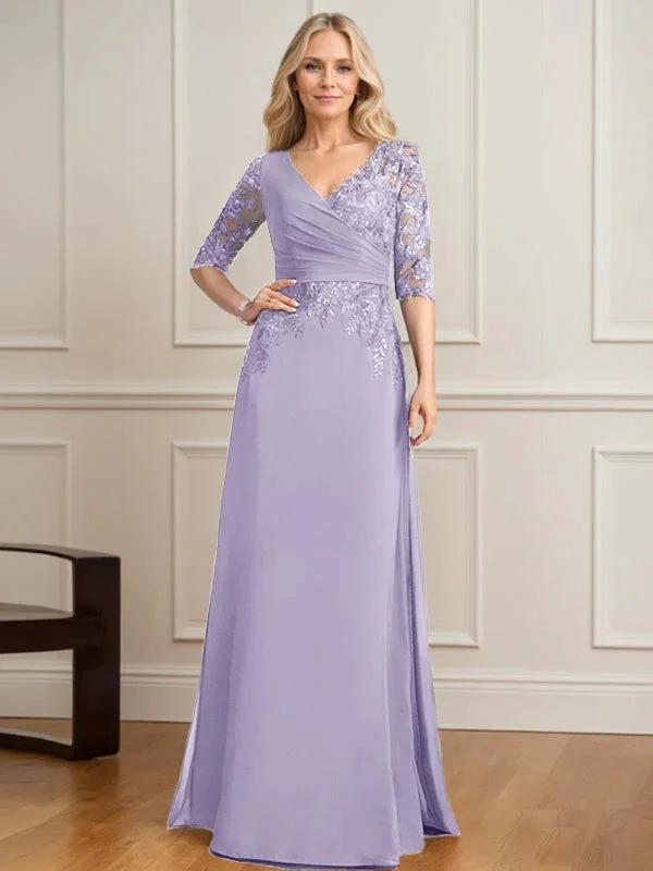 A-line V-Neck Floor-Length Lace Chiffon Mother of the Bride Dress With Pleated Sequins by Dreamylily
