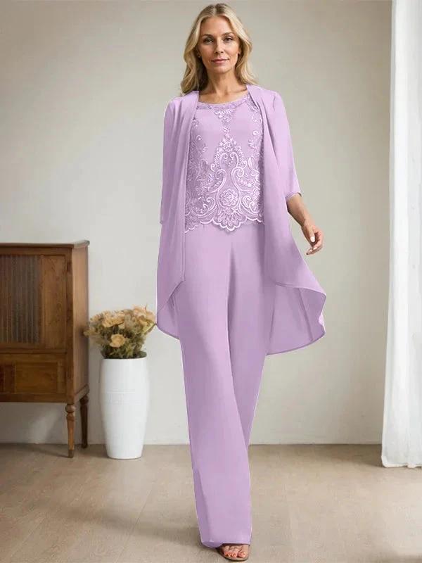 Separates Jumpsuit/Pantsuit Scoop Floor-Length Chiffon Lace Mother of the Bride Dress With Beading Sequins by Dreamylily