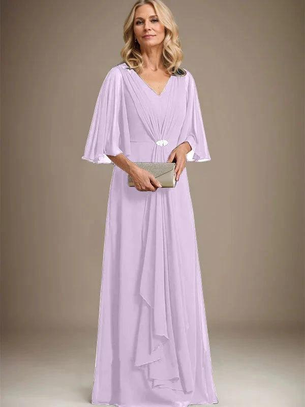 A-line V-Neck Floor-Length Chiffon Mother of the Bride Dress With Cascading Ruffles Crystal Brooch by Dreamylily
