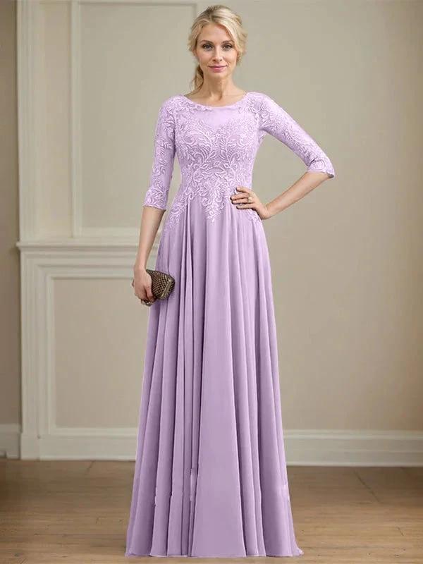 A-line Scoop Illusion Floor-Length Lace Chiffon Mother of the Bride Dress With Sequins by Dreamylily