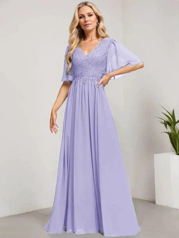 A-line V-Neck Floor-Length Lace Chiffon Mother of the Bride Dress With Sequins by Dreamylily