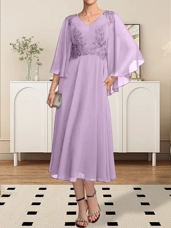 A-line V-Neck Tea-Length Chiffon Lace Mother of the Bride Dress With Beading Sequins by Dreamylily