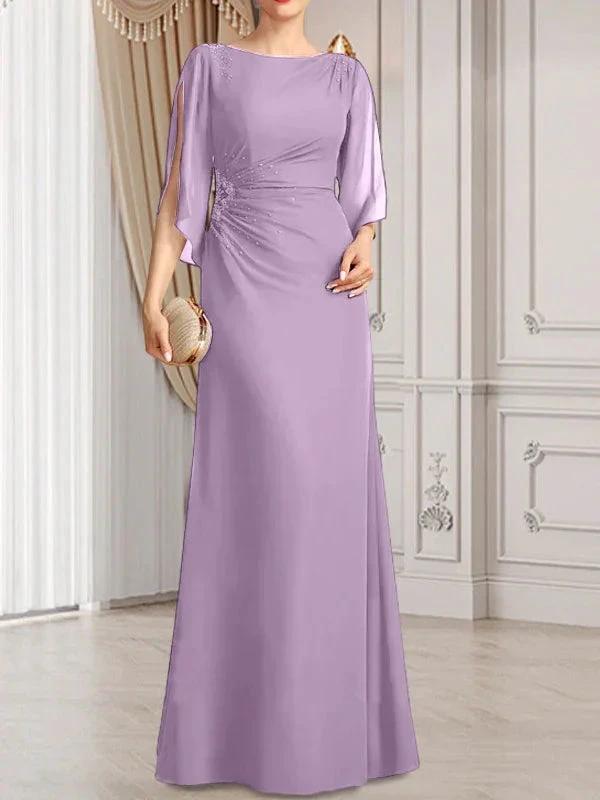 Sheath/Column Scoop Floor-Length Chiffon Mother of the Bride Dress With Pleated Beading by Dreamylily