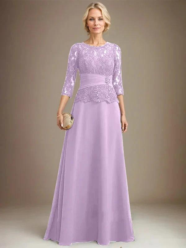 A-line Scoop Illusion Floor-Length Chiffon Lace Mother of the Bride Dress With Pleated Sequins Beading by Dreamylily