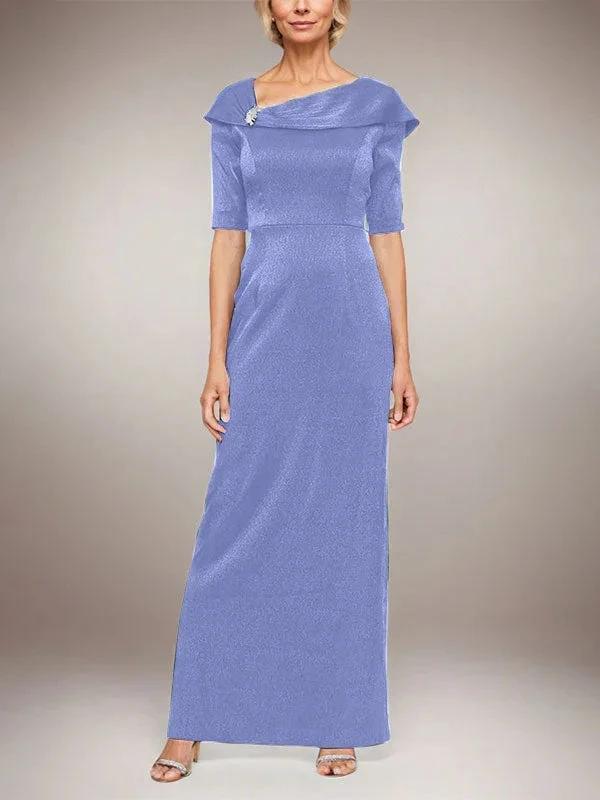 Long Shimmer Column Dress with Foldover Cuff L-Neckline and Elbow Sleeves by Dreamylily