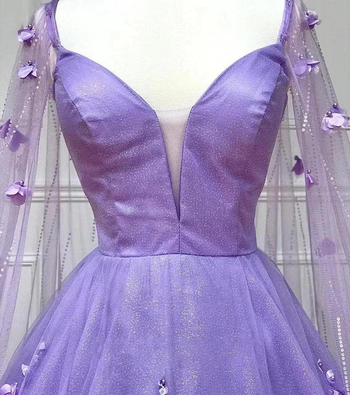 Lavender 3D Floral Lace A Line Sleeves Long Prom Dresses PSK446 by pgmdress