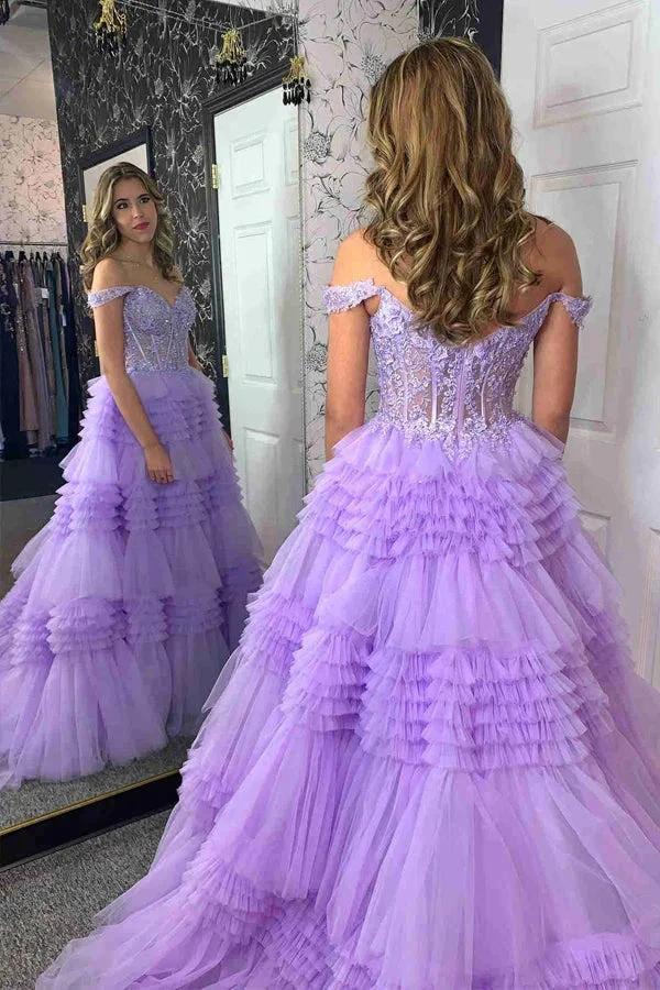 Lavender Off the Shoulder Sweetheart Lace Corset Ruffle Prom Dress PSK471 by pgmdress