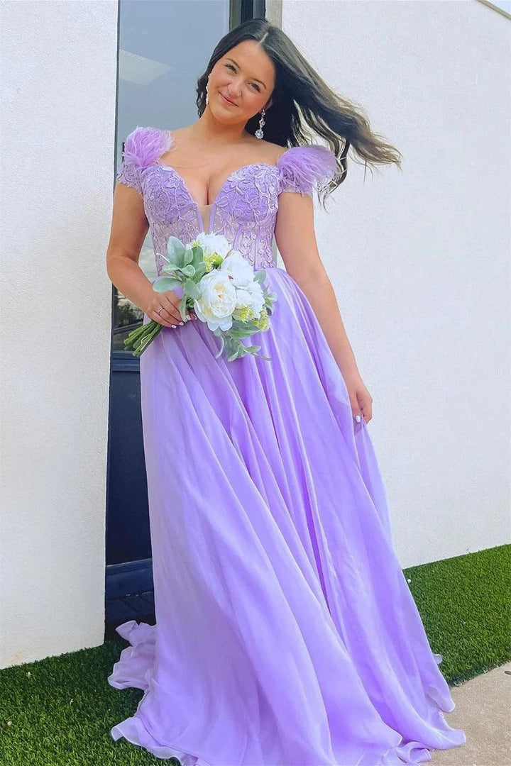 A-line Lavender Plunging Off-the-Shoulder Feathers Long Prom Dress PSK433 by pgmdress