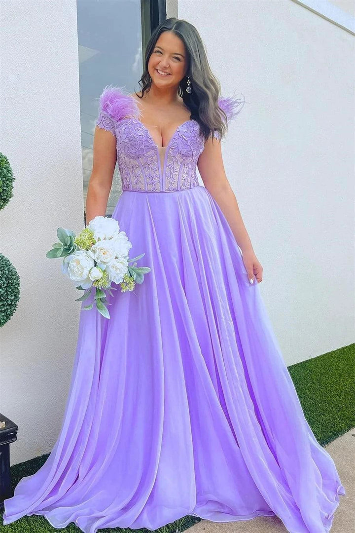 A-line Lavender Plunging Off-the-Shoulder Feathers Long Prom Dress PSK433 by pgmdress
