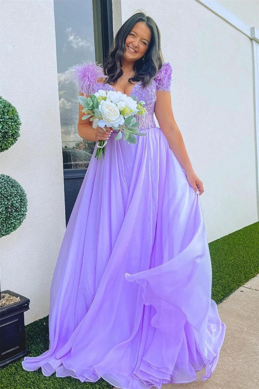 A-line Lavender Plunging Off-the-Shoulder Feathers Long Prom Dress PSK433 by pgmdress