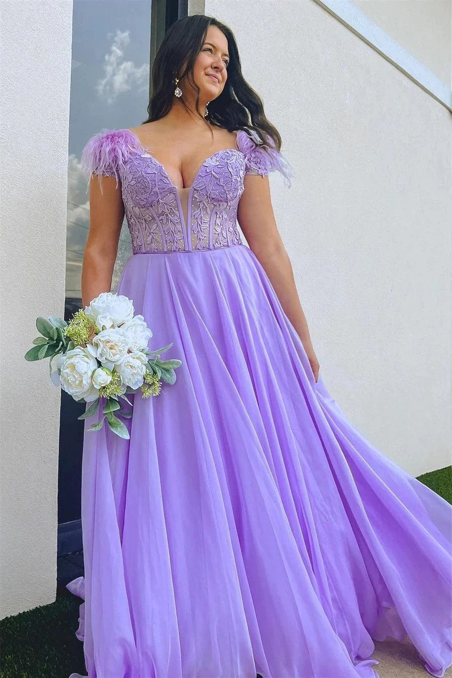 A-line Lavender Plunging Off-the-Shoulder Feathers Long Prom Dress PSK433 by pgmdress