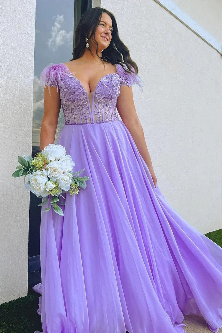 A-line Lavender Plunging Off-the-Shoulder Feathers Long Prom Dress PSK433 by pgmdress