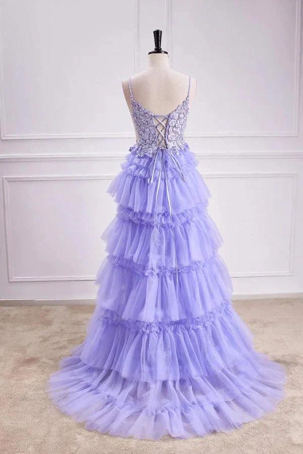 Lavender Plunging V Neck Floral Layers A-line Long Prom Dress PSK558 by pgmdress