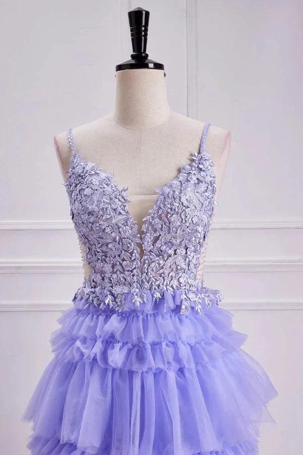 Lavender Plunging V Neck Floral Layers A-line Long Prom Dress PSK558 by pgmdress