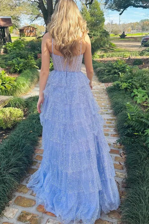 Lavender Tulle Sequin Ruffle Tiered Long Prom Dress Formal Dress PSK543 by pgmdress