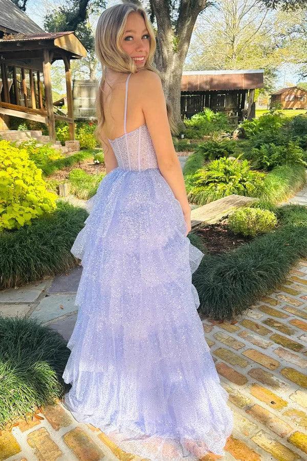 Lavender Tulle Sequin Ruffle Tiered Long Prom Dress Formal Dress PSK543 by pgmdress