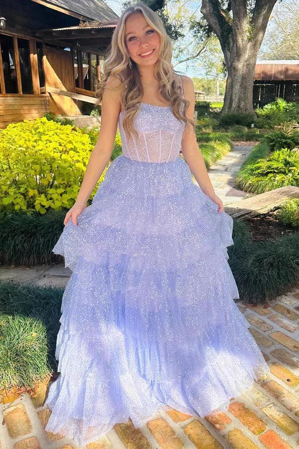 Lavender Tulle Sequin Ruffle Tiered Long Prom Dress Formal Dress PSK543 by pgmdress