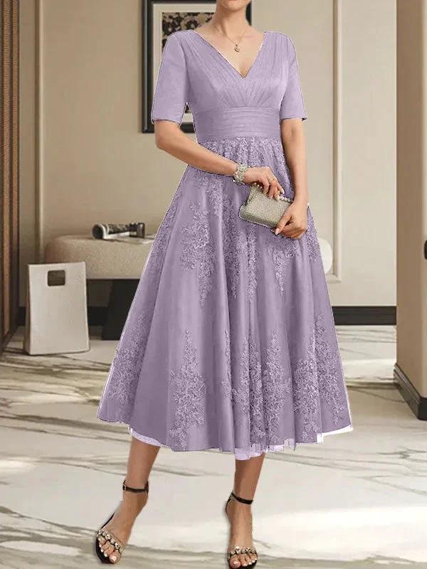 A-line V-Neck Tea-Length Tulle Lace Mother of the Bride Dress With Pleated by Dreamylily
