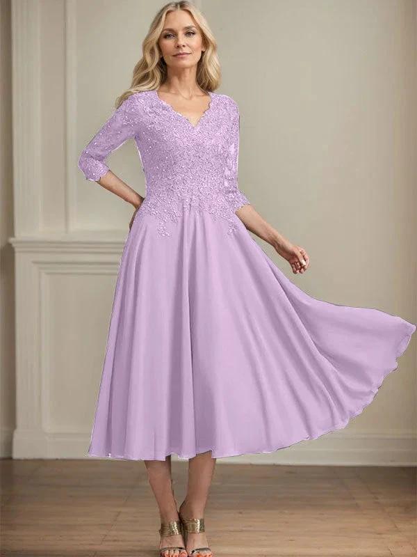 A-line V-Neck Tea-Length Chiffon Lace Mother of the Bride Dress With Beading Sequins by Dreamylily
