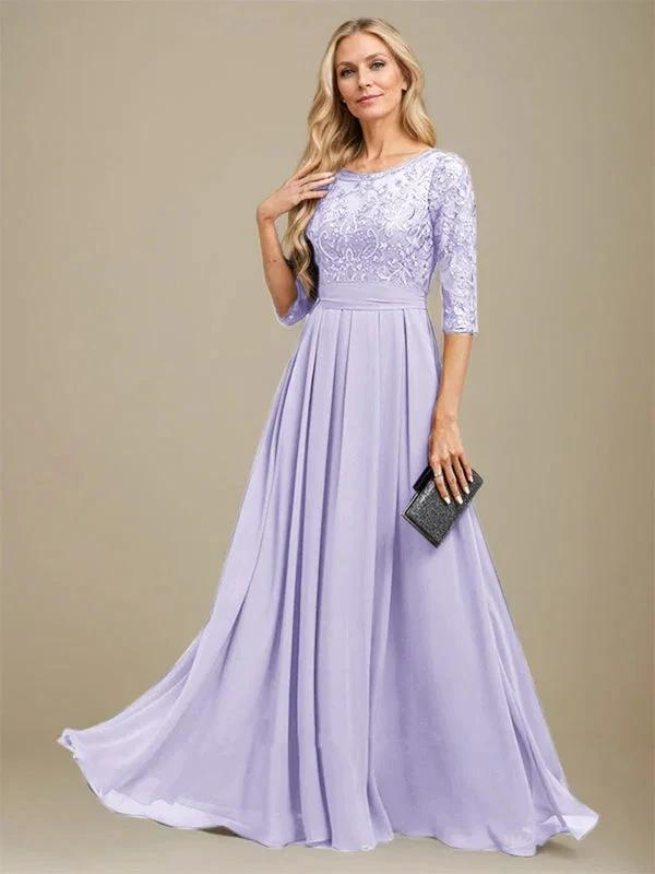 A-Line Scoop Floor-Length Lace Chiffon Mother Of the Bride Dress With Sequins Applique by Dreamylily