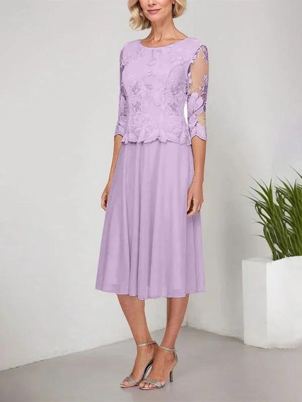 A-line Scoop Tea-Length Lace Chiffon Mother of the Bride Dress With Embroidery by Dreamylily