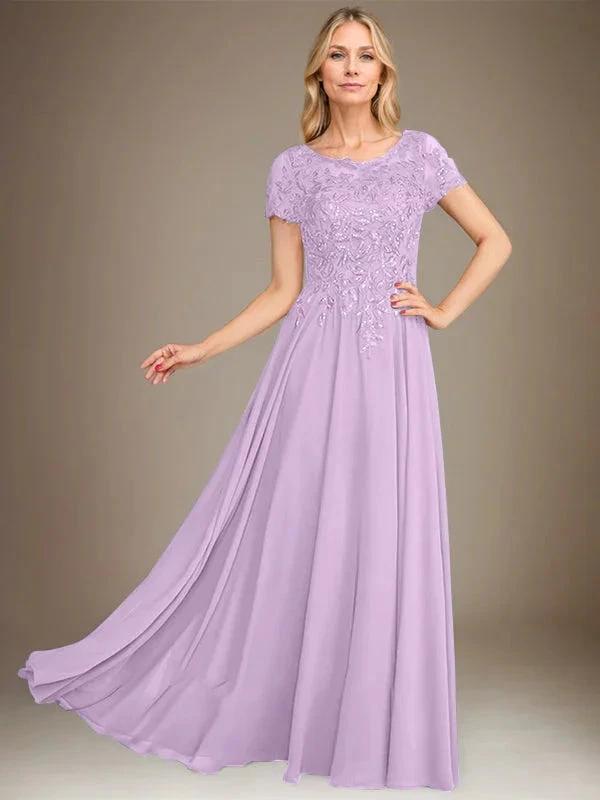 A-Line Scoop Floor-Length Chiffon Mother of the Bride Dress With Applique &amp; Sequins by Dreamylily