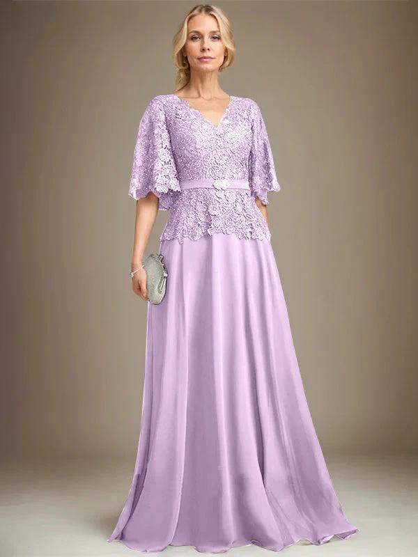 A-line V-Neck Floor-Length Chiffon Lace Mother of the Bride Dress With Crystal Brooch Rhinestone by Dreamylily