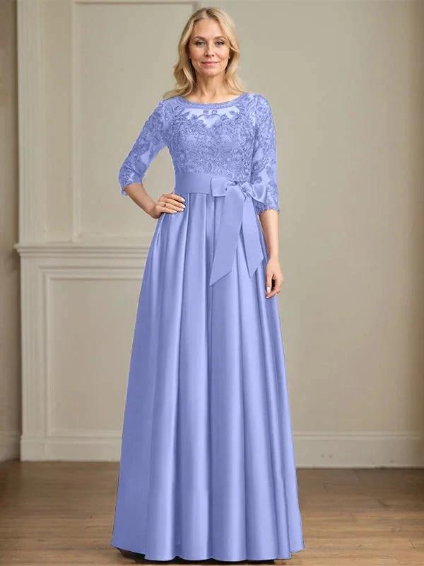 A-line Scoop Illusion Floor-Length Satin Lace Mother of the Bride Dress With Sequins Bow by Dreamylily