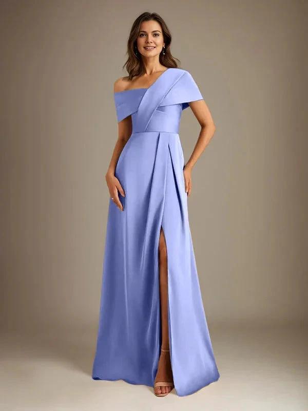 A-Line Asymmetrical Neckline Floor-Length Satin Mother of the Bride Dress With Pleated by Dreamylily