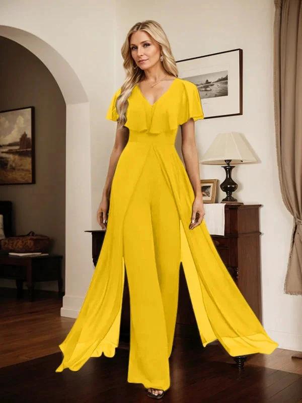Jumpsuit/Pantsuit V-Neck Floor-Length Chiffon Evening Dress by Dreamylily