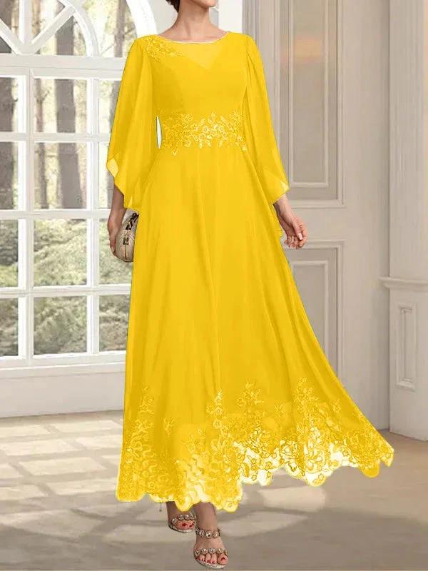 A-line Scoop Illusion Ankle-Length Lace Chiffon Mother of the Bride Dress With Sequins by Dreamylily