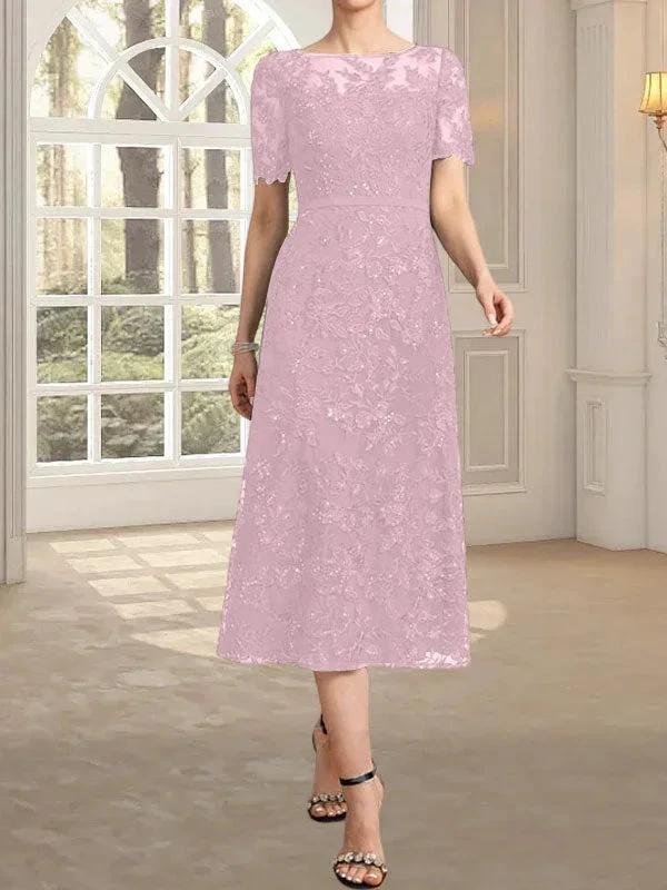 A-line Scoop Illusion Tea-Length Lace Mother of the Bride Dress With Sequins by Dreamylily