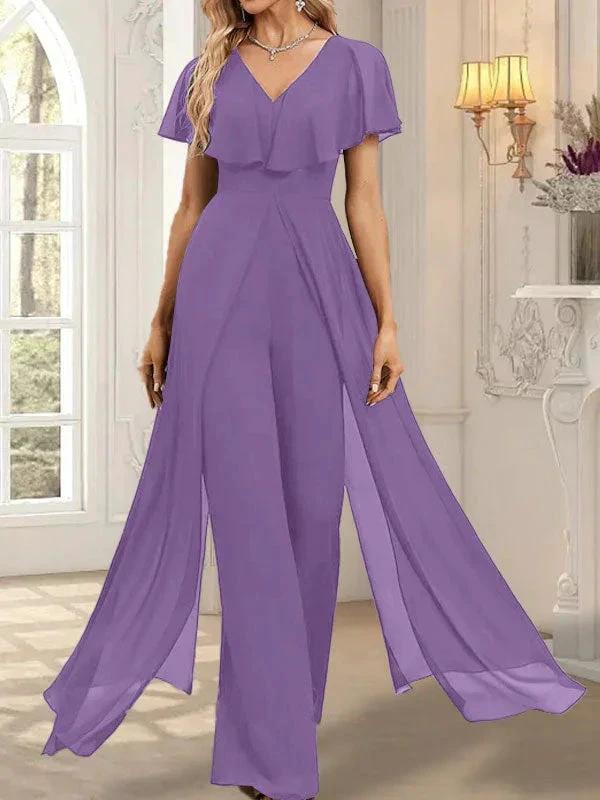 Jumpsuit/Pantsuit V-Neck Floor-Length Chiffon Evening Dress by Dreamylily