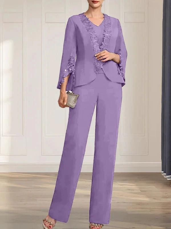 Separates Jumpsuit/Pantsuit V-Neck Floor-Length Chiffon Mother of the Bride Dress by Dreamylily