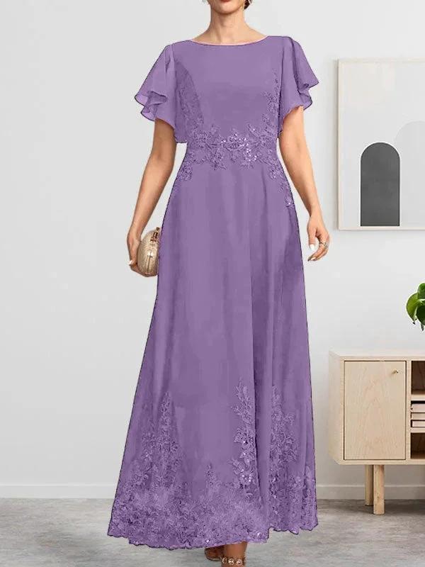 A-line Scoop Ankle-Length Lace Chiffon Mother of the Bride Dress With Sequins by Dreamylily