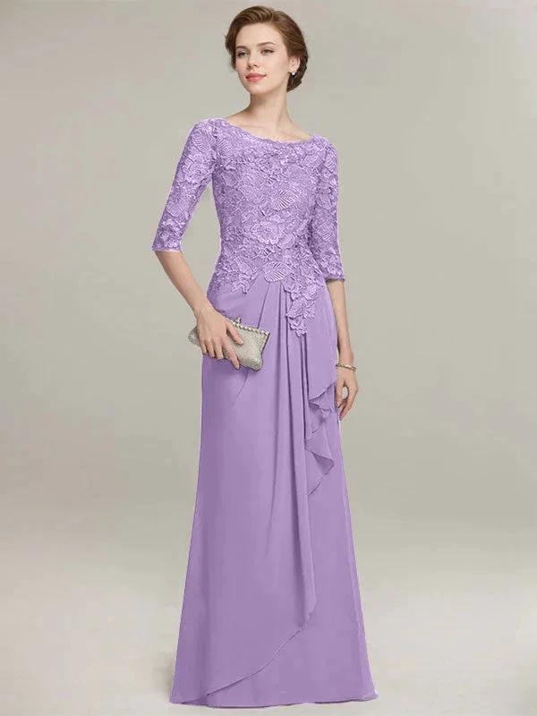 A-line Scoop Illusion Floor-Length Lace Chiffon Mother of the Bride Dress With Cascading Ruffles by Dreamylily