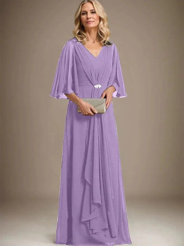 A-line V-Neck Floor-Length Chiffon Mother of the Bride Dress With Cascading Ruffles Crystal Brooch by Dreamylily