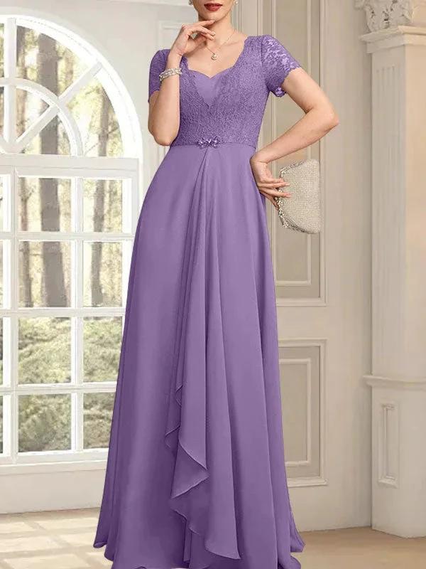 A-line Sweetheart Floor-Length Chiffon Lace Mother of the Bride Dress With Beading Cascading Ruffles by Dreamylily