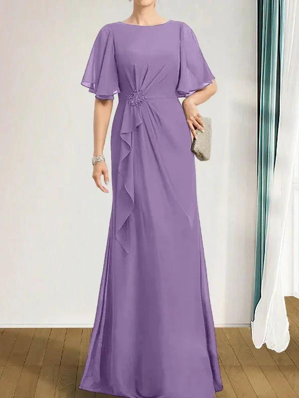 A-line Scoop Floor-Length Chiffon Mother of the Bride Dress With Cascading Ruffles Beading Sequins by Dreamylily