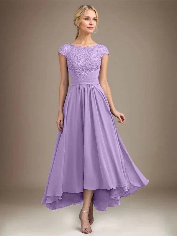 A-line Scoop Illusion Asymmetrical Lace Chiffon Mother of the Bride Dress With Pleated by Dreamylily