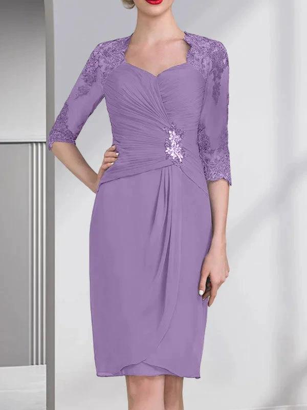 Sheath/Column Sweetheart Knee-Length Chiffon Mother of the Bride Dress With Beading Appliques Lace Sequins Pleated by Dreamylily
